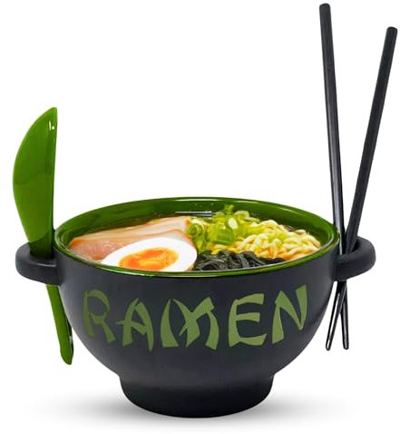 Ceramic Ramen Bowl Set with Chopsticks and Spoon - Microwavable Noodle Bowl Ramen Gift Set - Japanese Bowls for Instant Noodles, Pho, Udon Noodles, Miso Soup - Microwave & Dishwasher Safe (Green,21oz)