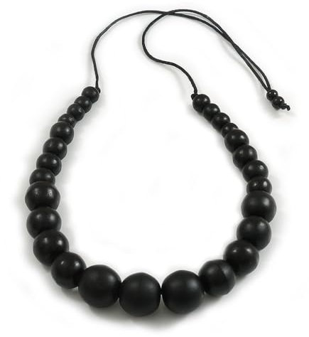 Avalaya Chunky Black Graduated Wood Bead Black Cord Necklace - 84cm Max/Adjustable