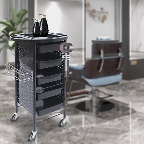 Chariot de coiffeur professionnel - Chariot de travail à roulettes - Chariot cosmétique - Chariot de manutention pour coiffeur - Salon de beauté - Multifonctionnel - Avec porte-sèche-cheveux - Panier