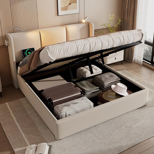 Bett 140x200 mit Leselampe und USB, Polsterbett 140x200cm mit Stauraum und Kopfteil, Doppelbett mit Bettkasten und Ladefunktion und Lattenrost, Stauraumbett Jugendbett Bettgestell aus Leinen -Beige