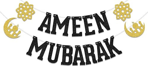 KEWUFD Ameen Mubarak Banner, Eid Festival Muslim Islam Party Dekorationen, Eid Mubarak Banner, Ramadan Mubarak Dekoration Supplies Schwarz