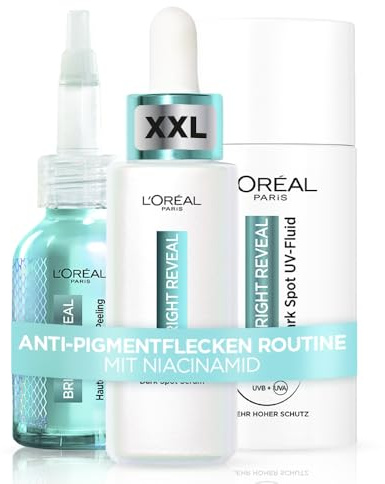 L'Oréal Paris Bright Reveal 3-teiliges Set: XXL Niacinamid Serum, Peeling & UV-Fluid, gegen Pigmentflecken, für strahlendere Haut [Exklusiv bei Amazon]