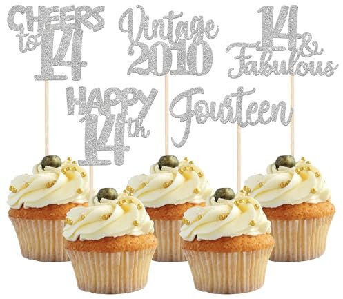 30 Stück Vintage 2011 Cupcake Toppers Glitzer Happy 14th Geburtstag Tortendeko Cheers to 14 Fabulous Fourteen Kuchen Deko für 14th Geburtstag Hochzeit Jahrestag Party Silber