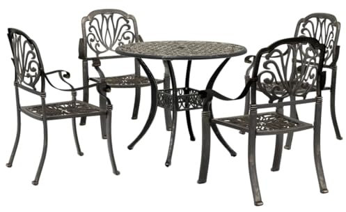 vidaXL Bronze Cast Aluminium Garden Dining Set - 5 Piece Round Table and High Backrest Chairs with Umbrella Hole for Patio/Backyard