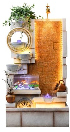 Outdoor Fountain Indoor Leisure Fountain Waterfall with Fish Tank and Plant Misting Humidifier, Floor Standing Fountain for Home and Bedroom Decoration Water Fountain(Color:Beige)