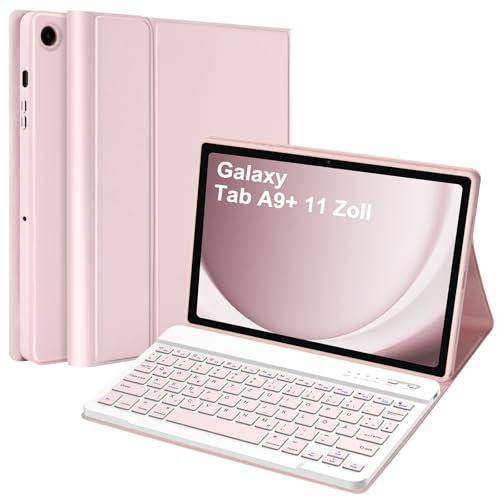 HOTLIFE Tastatur Hülle für Samsung Galaxy Tab А9+ 11 Zoll 2023(SM-X210/X215/X216B), Schutzhülle mit Automatischer Schlaf- und Weckfunktion, Magnetisch Abnehmbarer Tastatur mit QWERTZ Layout (Rosa)