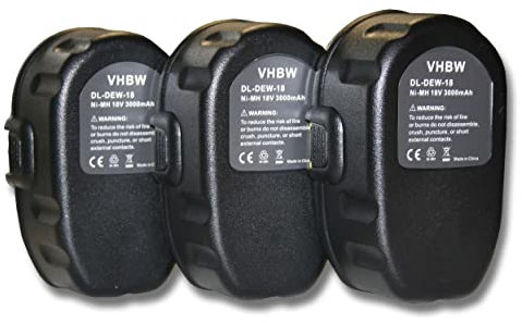 vhbw 3X Batterie (3000 mAh, NiMH, 18 V) Remplacement pour Dewalt DW9098 pour Outil électrique