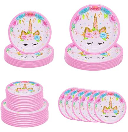 Brcwloay 64pcs Unicorn Paper Plate, Disposable Party Plates with 32 Dinner Plates and 32 Dessert Plates, Serves 32 Guests