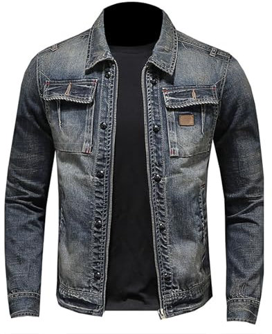 SYDUZAX Giacca di Jeans Uomo Offerte Giacca in Denim Vintage a Maniche Lunghe Tinta Unita Girocollo con Cerniera e Tasche Giacca Elegante Casual Slim Fit Classica in Stile Western