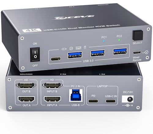 YOUTINGHDAV KVM Switch 2 PC 2 Monitores USB C, Dual Monitor para Portátil y PC, USB 3.0 MST Dual 4K @ 60Hz, Type-C 60W Charging, HDMI Con Control Remoto Cableado, Aluminio