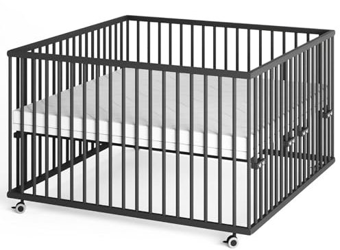 Sämann Laufstall Baby mit Matratze, Schlupfsprossen & Lattenrost | stufenlos höhenverstellbar | Laufgitter Premium | Babybett aus Holz | Krabbelgitter (schwarz, 120x120 cm)