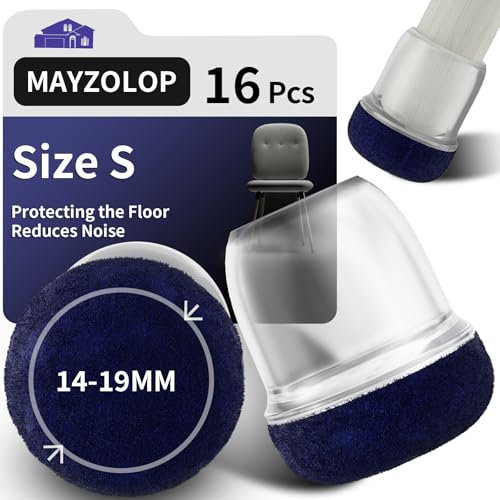 MAYZOLOP 16PCS Chair Leg Floor Protectors, Ø14-19mm Round Transparent Silicone Chair Leg Caps with Navy Blue Felt Pads, Hardwood Floor Protectors for Furniture Legs,No Scratches No Noise