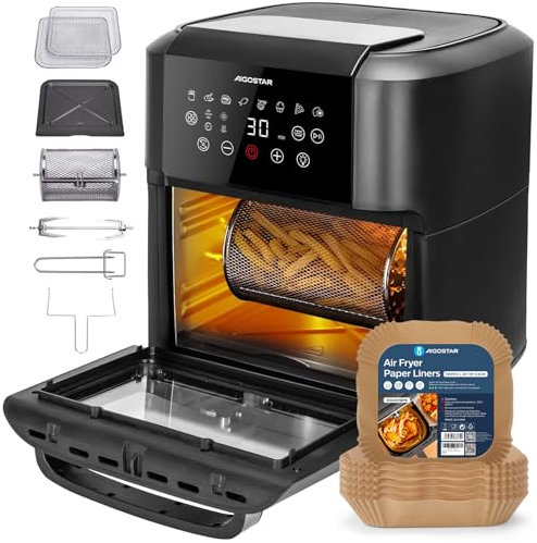 Aigostar 12L Freidora de Aire 1700W, 8 Programas Preestablecidos, Pantalla LED + Función Giratoria, 7 Accesorios con Papel Freidora Aire 100 Unidades
