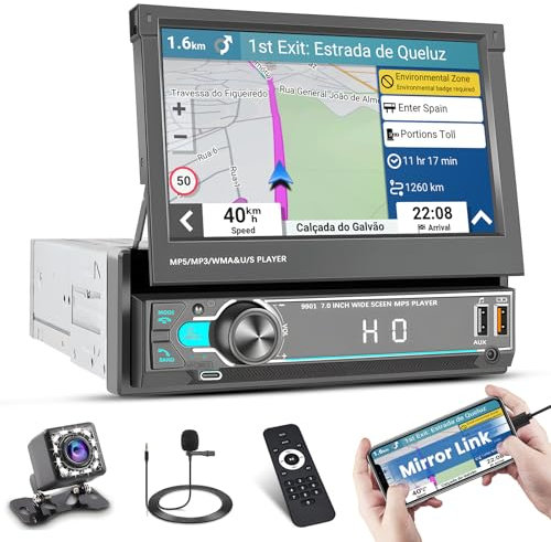 Hikity Radio Coche 1 DIN con Pantalla Eléctrica Extensible, Pantalla Táctil de 7 Pulgadas Radio de Coche Bluetooth 1DIN con Radio FM Tipo-C 2USB SWC + Cámara Trasera + Mic