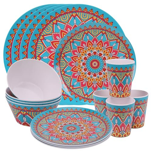 Service de table 16 pièces en mélamine | Assiettes, bols, tasses et assiettes à dessert de style marocain | Service pour 4 personnes | Réutilisable et durable | Idéal pour l'intérieur, l'extérieur,