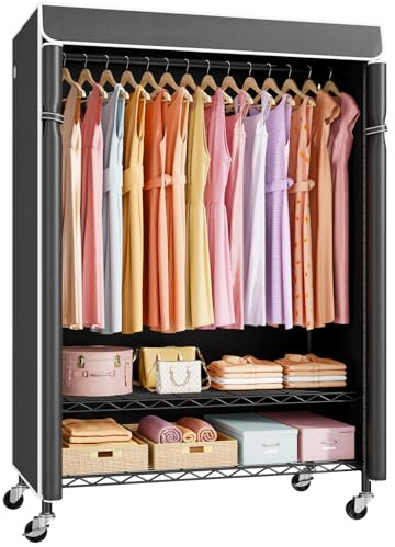 ULIFHOME P6C Plus Rolling Clothes Rack with Cover, Covered Clothing Rack Heavy Duty, Portable Closet for Hanging Clothes, Garment Rack on Wheels, Black Closet Rack with Black Cover, Max Load 375LBS
