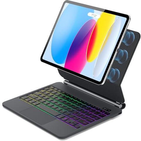 WAVATA Magic Keyboard für iPad 10. Generation 10.9 2022 & iPad A16 11 Zoll 2025, Schwebendes Magnetisches Design, 7 Farben Hintergrundbeleuchtung Tastatur mit Touchpad, Schwarz
