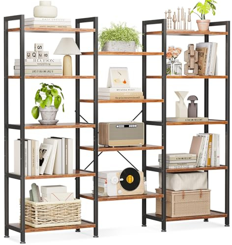Coleshome 5-Tier Book Shelf, Industrial Bookcase, 146cmx126cm, Rustic Brown | Shelving 3 Rows 5 Tiers 14 Compartments Anti-Tip Room Divider Display Books Plants Decor Living Room Office