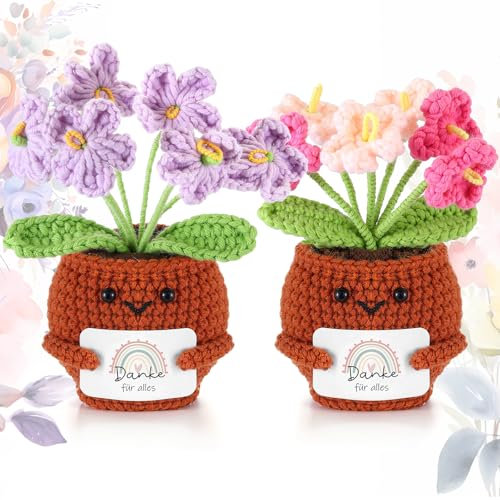 Namalu Dankeschön Geschenk 2er Set Häkel Blumentopf Puppen mit Karte „Danke für Alles“ - Mini Positive Gehäkelte Blumen Geschenk für Lehrer & Kollegen zum Abschied, Geburtstag & Abschluss