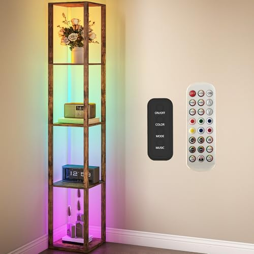 HOMCOM RGB LED Floor Lamp with Shelves, Modern Dimmable Standing Lamp with Remote Control, Adjustable Brightness & Speed for Living Room, Bedroom, Office, Rustic Brown