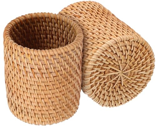 Healeved Lot de 2 Pots à Crayons de Bureau en Bois Tressé Naturel Diamètre 8 CM Hauteur 10 CM Organiseur Polyvalent pour Stylos Pinceaux et Petits Accessoires Rangement Vintage Élégant