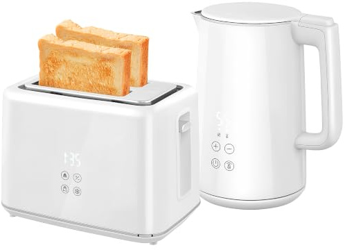 HOMCOM Wasserkocher Toaster Set mit 2 Scheiben Toaster, Weiß | Edelstahl, AutomatischeAbschaltung, Warmhaltefunktion, 1,5L 2200W 40-100°C Wasserkocher, 7 Bräunungsstufen