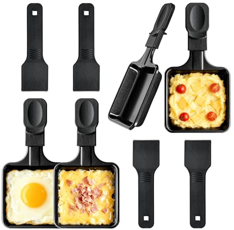 Kosmosta Set da 8 Padelline Raclette Quadrate con 4 Spatole in Nylon, Vaschette in Ferro Antiaderente, Padelle di Ricambio per Griglia Raclette