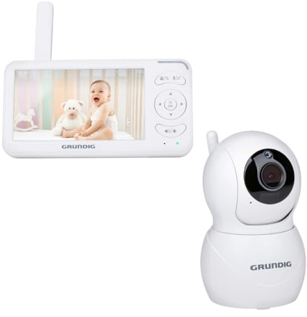 Grundig Video Babyphone mit Kamera – Babyfon mit 5 Zoll Farbbildschirm – Baby Monitor mit Nachtsicht, Temperaturanzeige und Talkback-Funktion – Weiß