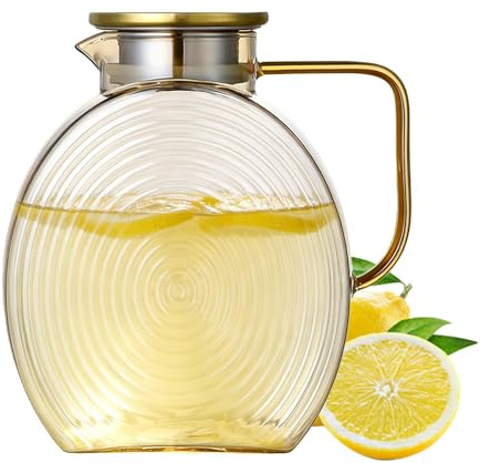 Wasserkaraffe aus Borosilikatglas 2,2 L/74 oz, Glaskaraffe mit Fruchteinsatz und Auslaufsicherem Deckel, Sicher für Kühlschranktür, Perfekt für Hausgemachte Getränke Eistee Saft Milch Kaffee Wein