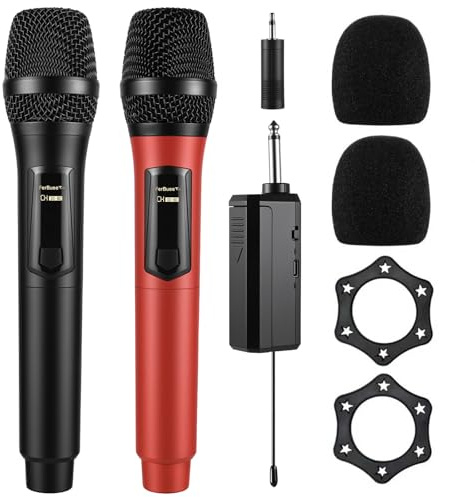 FerBuee Wireless Microphone Dual Professional Cordless Mic Handheld Microphone System for Amplifier, PA System, Karaoke, Meeting, Party, Church (Black & Red)