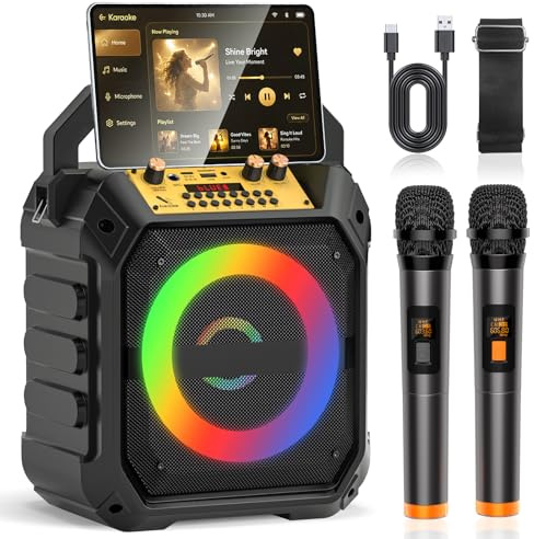 Karaoke Machine for Adults & Kids with 2 Wireless Microphones, Portable Bluetooth Karaoke Speaker with Echo Adjustment, LED Lights, TF/USB/AUX,FM,REC for Home Party, Family Fun (Black)