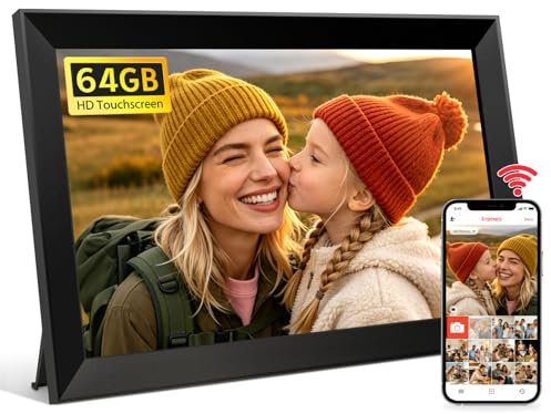 64GB Frameo Digitaler Bilderrahmen WLAN, Elektronischer Bilderrahmen 10,1 Zoll, Elektrischer Bilderrahmen Touchscreen, Automatische Drehung, Wandmontage Möglich, Geschenke für Frauen Männer, Schwarz