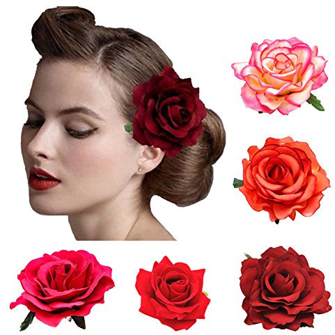 DRESHOW 5 Stücke Blume Haarspange Haarclip Blume Mehrfarbig Rosen Haarnadeln Haarschmuck für Mädchen Damen Party Strand Hochzeit Tänzerin
