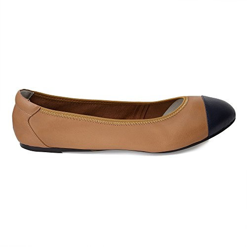Cocorose Foldable Shoes - Harrow Ladies Leather Ballet Pumps - Tan Beige with Navy - Size 7