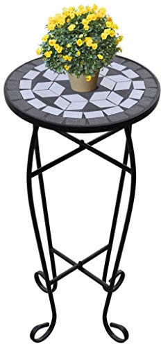 Wakects Beistelltisch Balkontisch Garten Blumenständer Blumenhocker keramische Fliesen und Eisenrohr Durchmesser 30 cm x Höhe 60 cm (Weiß und Schwarz)