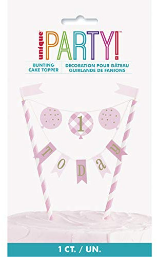 Kuchenwimpeltopperdekoration - Rosa Gingham 1. Geburtstag