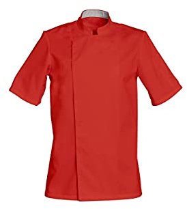SNV Veste de cuisine homme femme chef cuisinier professionnel manches courtes avec col officier poche stylo. Fermeture par pressions cachées taille XS à XXXL(Rouge, XL)