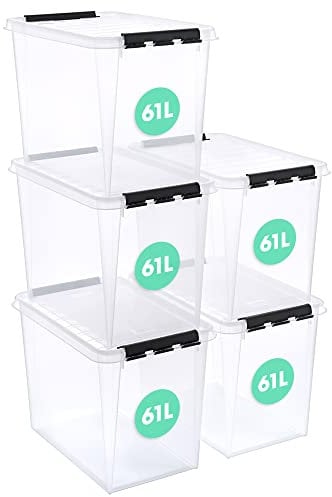 SmartStore Aufbewahrungsboxen mit Deckel, groß, 66 l, transparent, 5er-Pack, verstärkt, 10 Jahre Garantie, lebensmittelecht, mit Clipverschluss, stapelbar, BPA-freier Kunststoff, 59 x 39 x 43 cm