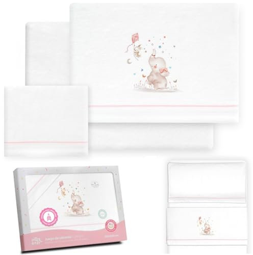 mibebestore - Sábanas para Cuna 60x120 cm de Franela 100% Algodón | Sábanas de Invierno para Bebé, Cálidas y Suaves | Set 3 Piezas con Bajera Ajustable, Encimera y Funda de Almohada | Elefante Rosa