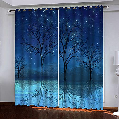 BKTTDS Rideaux Occultants d'enfant 3D 200X200cm Paysage De Bois Bleu Étoilé Moderne Rideaux Rideaux Occultants Enfant Oeillets Motif Isolant Thermique Anti Froid pour Décoration De La Maison