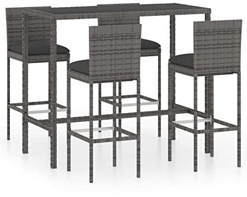 Susany Gartenbar Set 5-TLG.mit Kissen Theke Bar Tresen Gartentheke Bartisch Stehtisch Barhocker Barstuhl Gartenset Sitzgruppe Gartenmöbel Poly Rattan Grau