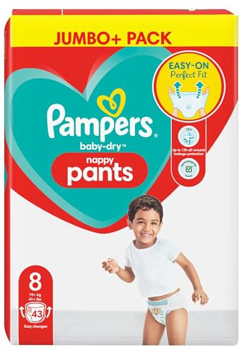Pampers Baby-Dry Windelhöschen, Größe 8, 43 Windeln, ab 19 kg, Jumbo+ Packung