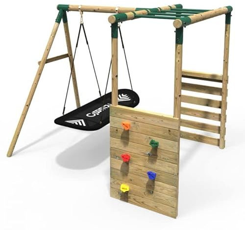 Rebo® Wooden Garden Children's Swing Set with Monkey Bar Attachment - Boat Green | OutdoorToys | Kids' Outdoor Wooden Play Equipment for Gardens, Frame and Accessories Included, Weather Resistant
