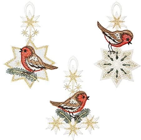 Plauener Spitze Fensterbild Wintervögel 3er-Set, farbig, je 8 x 14 cm, Plauener Spitze Fensterdeko Fensterschmuck Bilder Handarbeit Deko Fenster