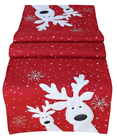 texpot Tischdecke 85 x 85 cm rot weiß Silber, lustiger Elch, Rentier, Tischdecke, Weihnachten Weihnachtsdeko Weihnachtstischdecke