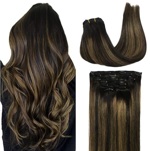 GOO GOO Clip in Extensions Echthaar, Schwarz bis Kastanienbraun, 40cm 120g | 7pcs, Remy Echthaar Extensions Clip, Doppelt Genähte Tresse, Haarverlängerung, Silky Straight, Für Mehr Volumen, #1B/6/1B
