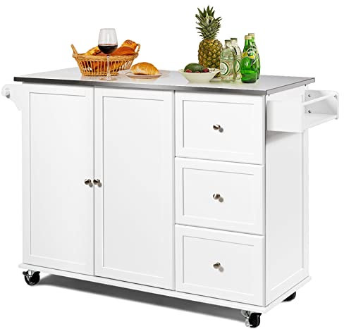 TANGZON Large Kitchen Island on Wheels, Rolling Storage Trolley with Cabinet, 3 Drawers, Adjustable Shelves, Stainless Steel Worktop, Spice & Towel Rack, Dining Room Utility Serving Cart (White)