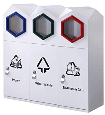 LSHTAR Cubo de basura exterior, cubo de basura de reciclaje de residuos, cubo de basura triple de acero inoxidable de 3 compartimentos con sistema de etiquetas