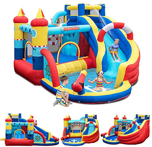 GOPLUS Château Gonflable Pirate,avec Toboggan,Pistolet à Eau et Trampoline,Piscine et Mur d'escalade, pour 3-4 Enfants 3-12 Ans Jusqu’à 120KG,360X290X200CM