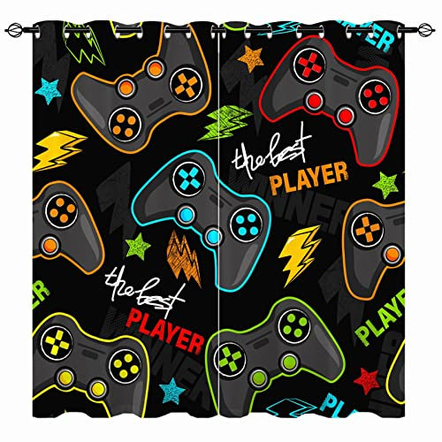 YUANZU Gamepad Vorhänge Kinder Gamer Videospiel Ösen Gardinen mit Blickdichte Thermo Vorhang Kälteschutz Blackout Curtain Kinderzimmer Schlafzimmer Verdunkelung Fenster, 2 Stück, H 160 x B 132 cm